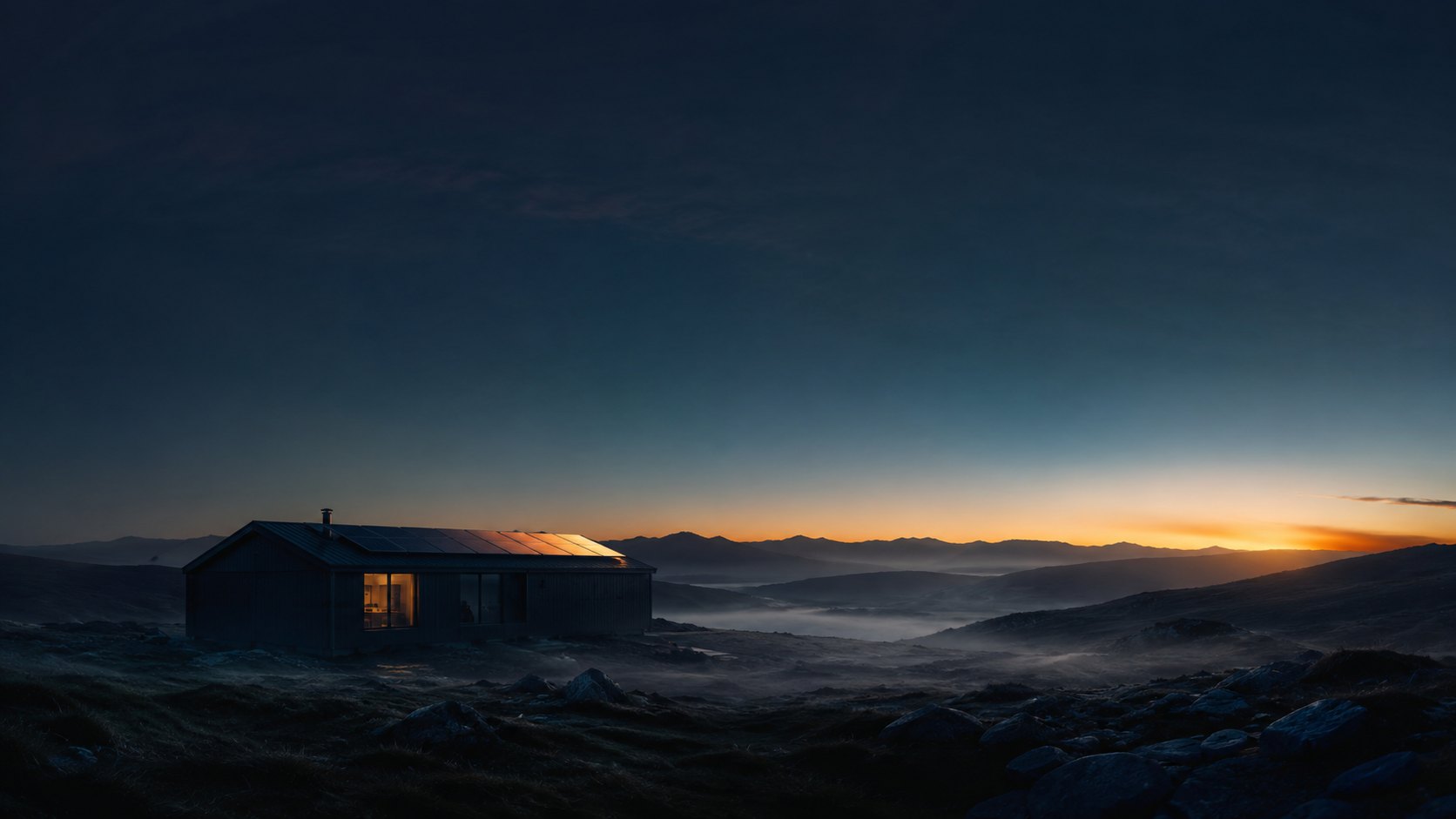 A small studio on a hillside in North Wales at dusk, one window lit, mist in the valley below